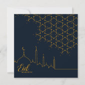 Happy Eid Mubarak-hoofdscherm Star Mosque Gold Blu Feestdagenkaart (Voorkant)