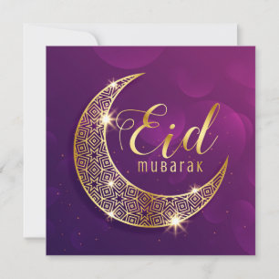 Happy Eid Mubarak Paars en Golden Crescent Feestdagenkaart