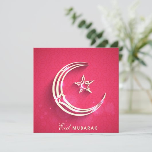 Happy Eid Mubarak Roze en White Crescent and Star Feestdagenkaart (Staand voorkant)