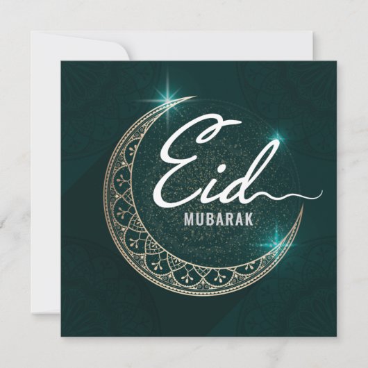 Happy Eid Mubarak Shinning Crescent White Green Feestdagenkaart (Voorkant)