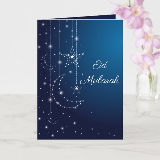 Happy Eid Mubarak Sparking White Moon Stars Blue Kaart (Orchidee)