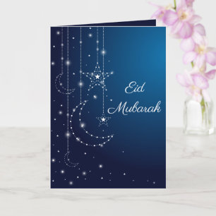 Happy Eid Mubarak Sparking White Moon Stars Blue Kaart