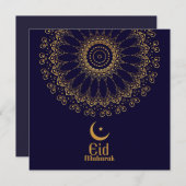 Happy Eid Mubarak Stars Crescent Gold Blue Feestdagenkaart (Voorkant / Achterkant)