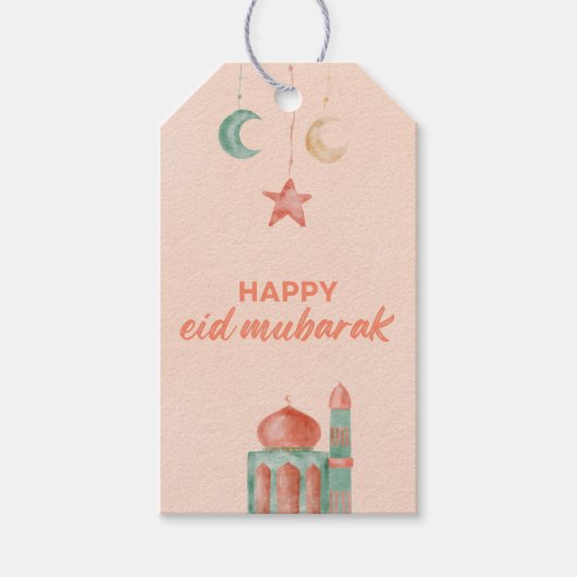 Happy Eid Mubarak Waterverf Moskee Cadeaulabel (Voorkant)