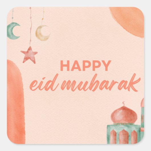 Happy Eid Mubarak Waterverf Moskee Vierkante Sticker (Voorkant)