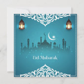 Happy Eid Mubarak White Cresent Star Mosque Blue Feestdagenkaart (Voorkant)
