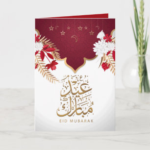Happy Eid Mubarak Witte en Rode Bloemen Kaart