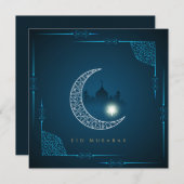 Happy Eid White Crescent Star Mosque Blue Feestdagenkaart (Voorkant / Achterkant)