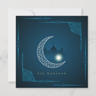 Happy Eid White Crescent Star Mosque Blue Feestdagenkaart