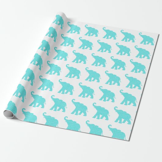 Happy Elephant Art Turquoise Pattern Cute Cadeaupapier (Uitgerold)