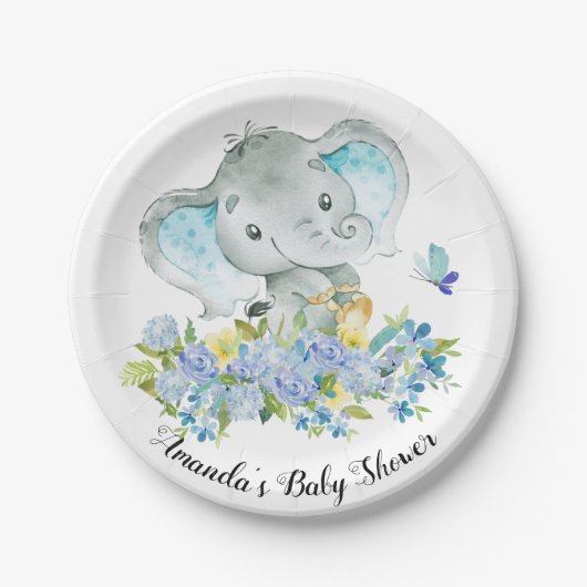 Happy Elephant Boys Baby shower 7-inch Bord (Voorkant)