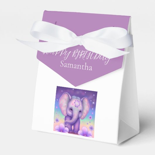 Happy Elephant Purple bloemen Birthday Favor Box Bedankdoosjes (Voorkant Zijde)