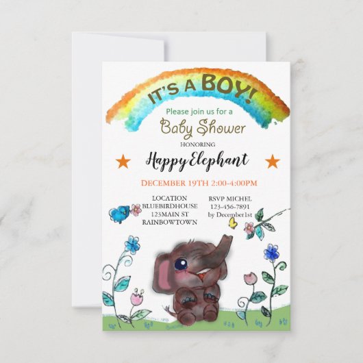 Happy Elephant Rainbow Town Baby shower Kaart (Voorkant)