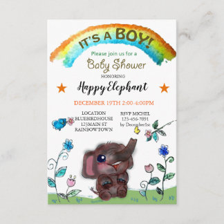 Happy Elephant Rainbow Town Baby shower Kaart