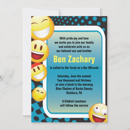 HAPPY EMOJI Bar Bat Mitzvah Invitation blue Kaart (Voorkant)