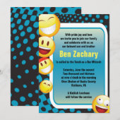 HAPPY EMOJI Bar Bat Mitzvah Invitation blue Kaart (Voorkant / Achterkant)