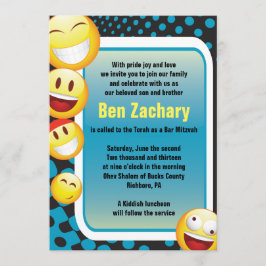 HAPPY EMOJI Bar Bat Mitzvah Invitation blue Kaart