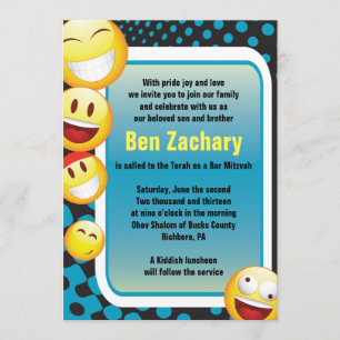 HAPPY EMOJI Bar Bat Mitzvah Invitation blue Kaart
