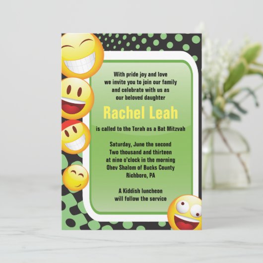 HAPPY EMOJI Bar Bat Mitzvah Uitnodiging (Staand voorkant)