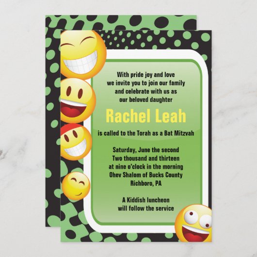 HAPPY EMOJI Bar Bat Mitzvah Uitnodiging (Voorkant / Achterkant)