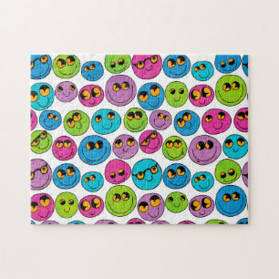 Happy Emoji Faces Pattern Blue Paars Green Roze Legpuzzel