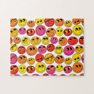 Happy Emoji wordt geconfronteerd met grappig geel Legpuzzel