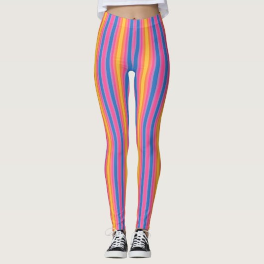 Happy Energy Roze Blauw Geel Afslanken Stripes Leggings (Voorkant)