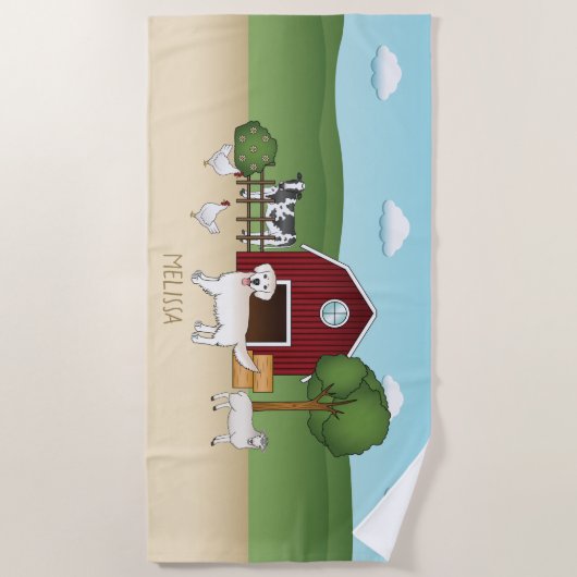 Happy English Cream Golden Retriever op een Boerde Strandlaken (Voorkant)