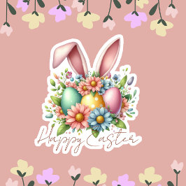 Happy Ester Blessings Roze Konijnenoren Schattige Sticker