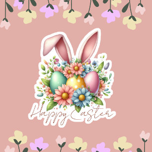 Happy Ester Blessings Roze Konijnenoren Schattige Sticker
