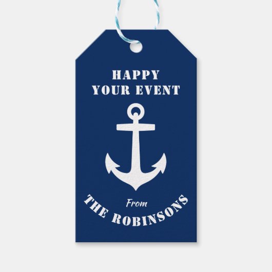 Happy Event Jouw naam Nautical Anker Navy Blue Cadeaulabel (Voorkant)