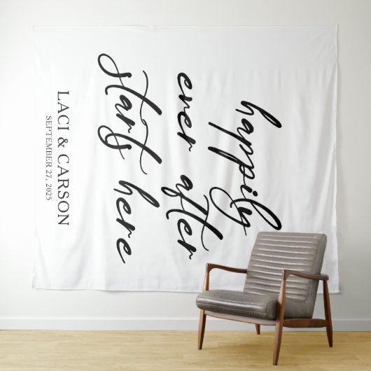 "Happy Ever After begint hier" Huwelijk achtergron Wandkleed (In Situ (horizontaal))