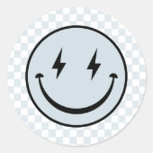 Happy Face Groovy Blue Check Boy Verjaardag Ronde Sticker (Voorkant)