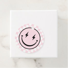 Happy Face Groovy Pink Check Girl Verjaardag Bedankjes Labels