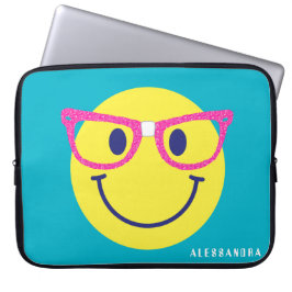 Happy Face Nerd Blauwgroen & Roze Gepersonaliseerd Laptop Sleeve