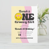 Happy Face One Groovy Girl 1e verjaardag Uitnodigi Kaart (Staand voorkant)