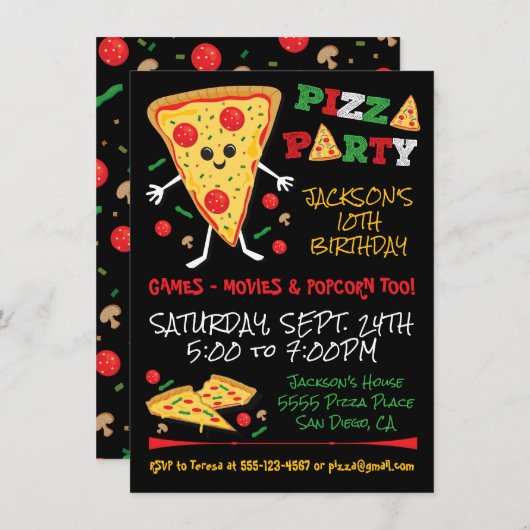 Happy Face Pizza Birthday Party Invitation Kaart (Voorkant / Achterkant)