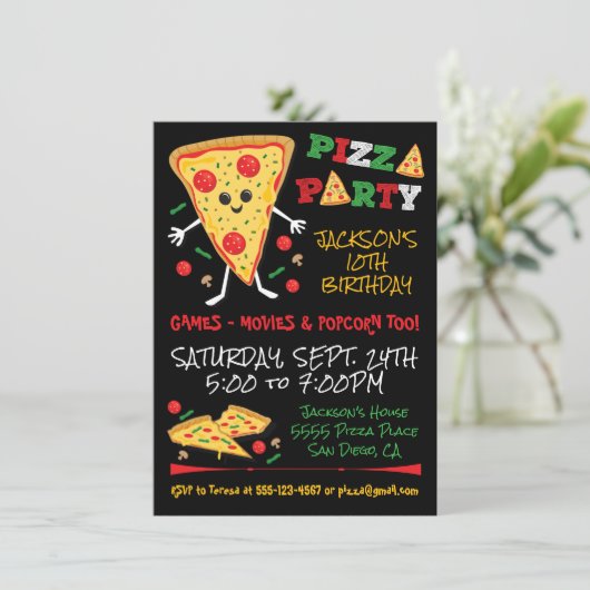Happy Face Pizza Birthday Party Invitation Kaart (Staand voorkant)