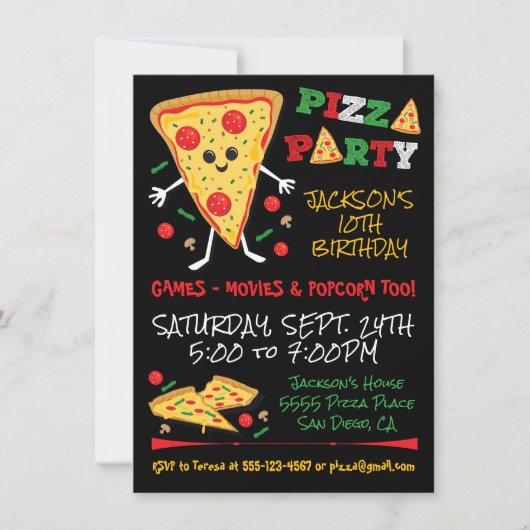 Happy Face Pizza Birthday Party Invitation Kaart (Voorkant)