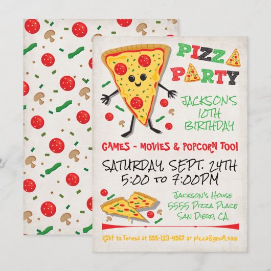 Happy Face Pizza Birthday Party Invitation Kaart (Voorkant / Achterkant)