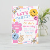 Happy Face Smile Groovy Checkered Verjaardagsfeest Kaart (Staand voorkant)