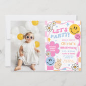 Happy Face Smile Groovy Checkered Verjaardagsfoto Kaart (Voorkant)