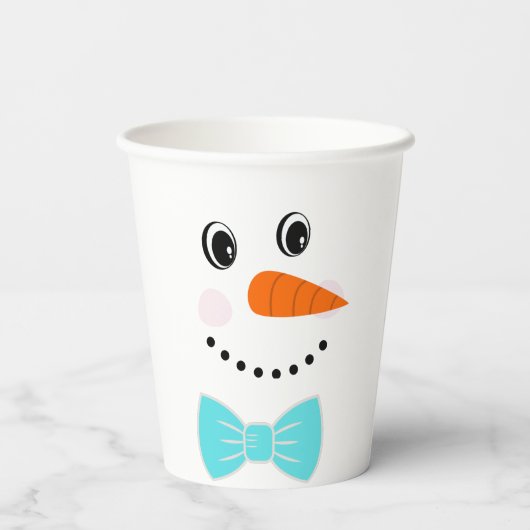 Happy Face Snowman Blauwgroen Blue Bowtie Papieren Bekers (Achterkant)