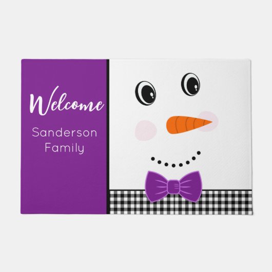 Happy Face Snowman met paarse Bowtie Deurmat (Voorkant)