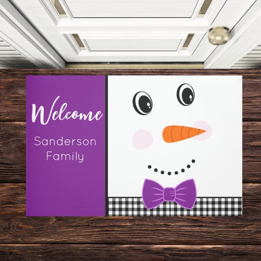 Happy Face Snowman met paarse Bowtie Deurmat