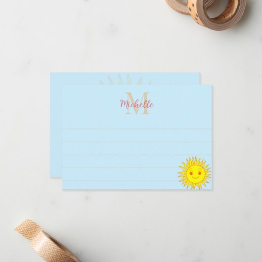 Happy Face Sunshine Lined Monogram Personalized Notitiekaartje (Voorkant / Achterkant in situ)