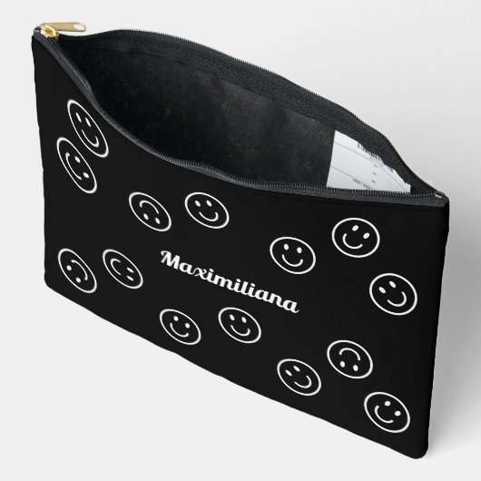 Happy Faces Wit op Zwart - GROTE accessoire Pouch Etui (Open)