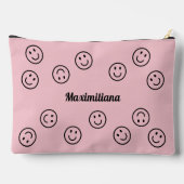 Happy Faces Zwart op Roze - GROTE accessoire Pouch Etui (Achterkant)