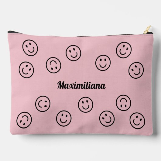 Happy Faces Zwart op Roze - GROTE accessoire Pouch Etui (Achterkant)