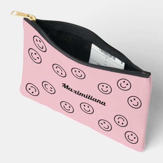 Happy Faces Zwart op Roze - KLEINE accessoire Pouc Etui (Open)